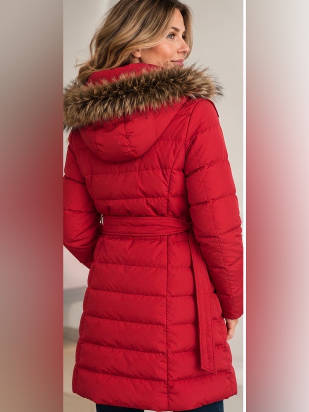 20.5 ptp lativ Belted Puffer Coat with Faux Fur Hood Red Large